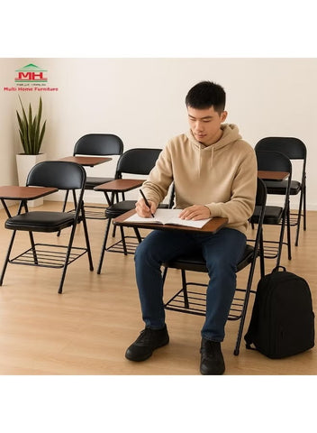 Black Metal Study Chair with Dark Brown Writing Pad, Foldable Chair with Padded Cushion Seat for Study, Classroom