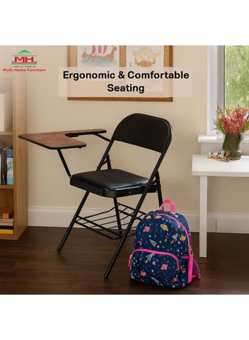 Black Metal Study Chair with Dark Brown Writing Pad, Foldable Chair with Padded Cushion Seat for Study, Classroom