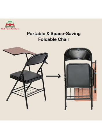 Black Metal Study Chair with Dark Brown Writing Pad, Foldable Chair with Padded Cushion Seat for Study, Classroom