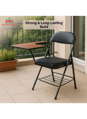 Black Metal Study Chair with Dark Brown Writing Pad, Foldable Chair with Padded Cushion Seat for Study, Classroom