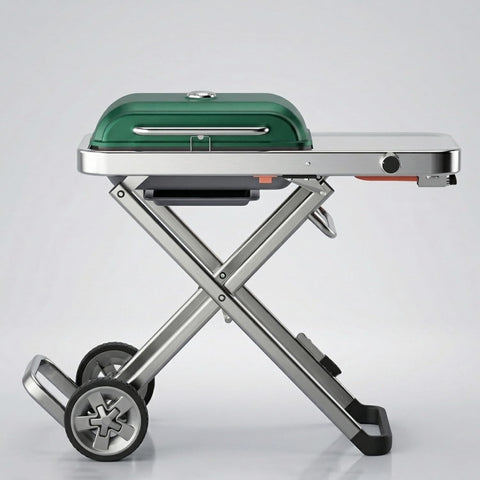 Portable BBQ Gas Grill with Foldable Stand & Wheels, Stainless Steel Charcoal Grill
