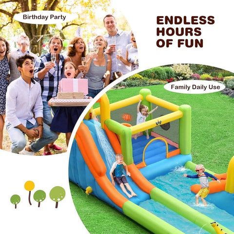 Megastar Inflatable Water Slide, 7 In 1 Double Long Slide Giant Water Park With Climbing Wall