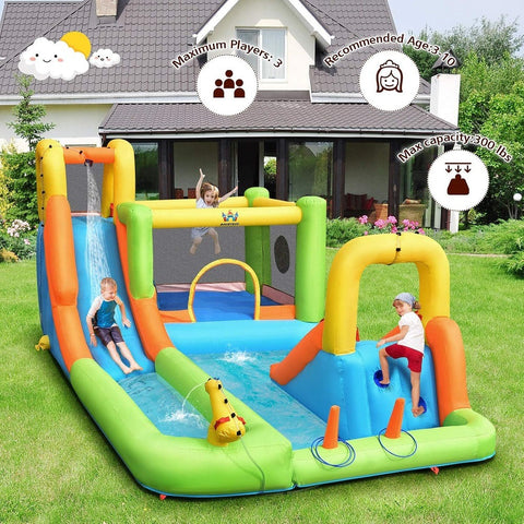 Megastar Inflatable Water Slide, 7 In 1 Double Long Slide Giant Water Park With Climbing Wall