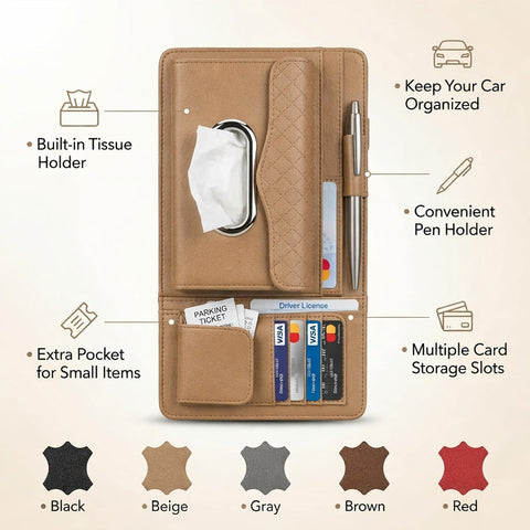 Car Sun Visor Tissue Holder Organizer with Card Slots & Pen Holder – PU Leather
