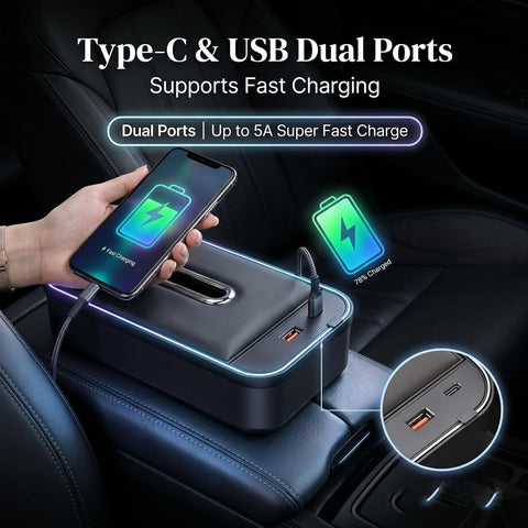 8-in-1 Car Armrest Storage Box with LED Light, Dual USB Charging Ports