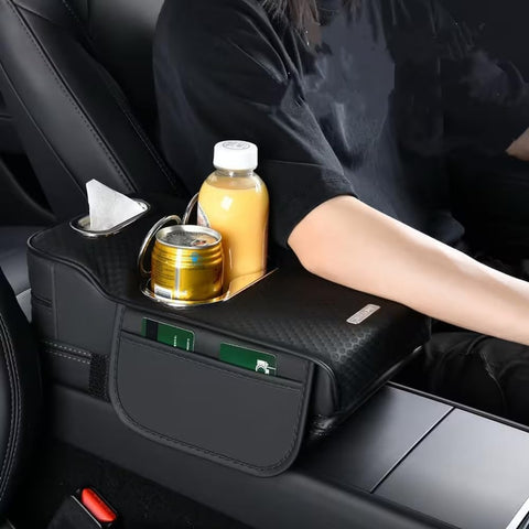Car Armrest Heightening Pad with Cup Holder & Tissue Box – PU Leather Center Console Organizer