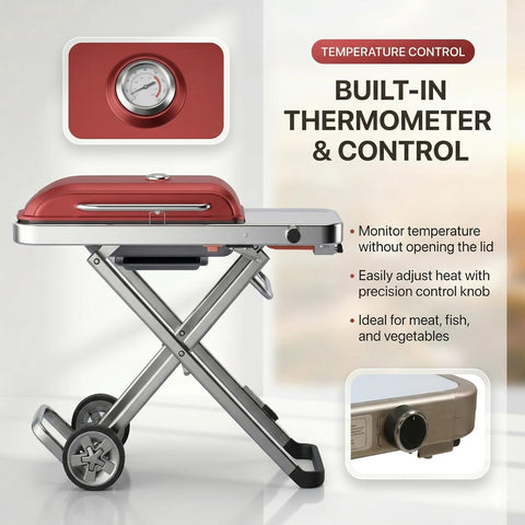 Portable BBQ Gas Grill with Foldable Stand & Wheels, Stainless Steel Charcoal Grill