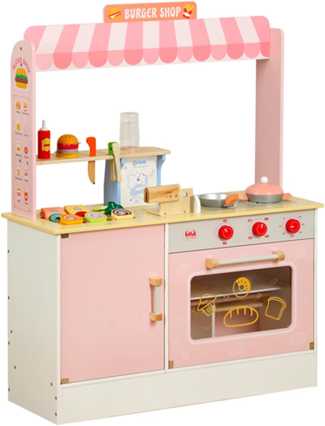 Double Sided Ham Burger Shop Interactive wooden game set Pretend baked goods