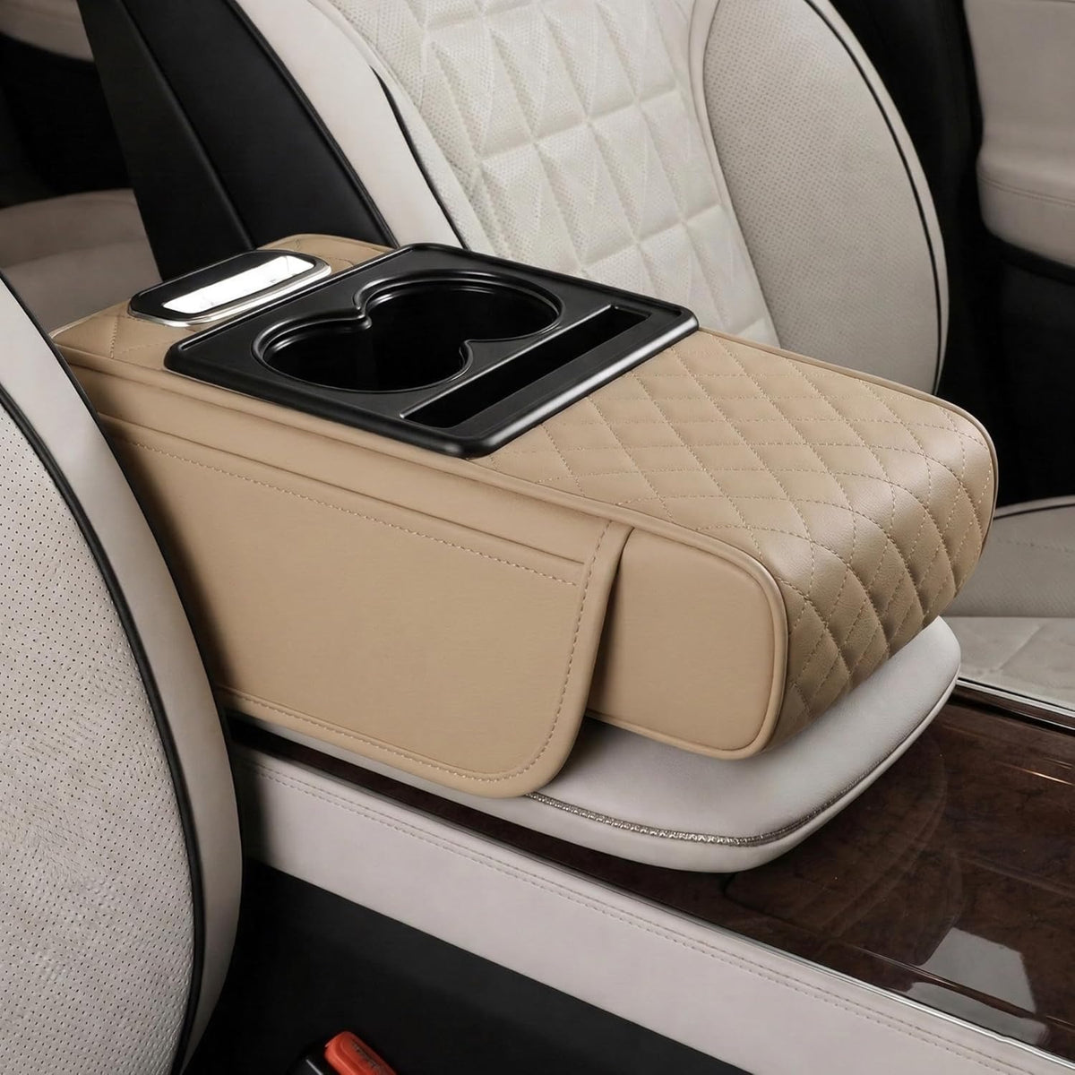 Car Seat Armrest Organizer with Cup Holder – PU Leather Center Console Storage Box