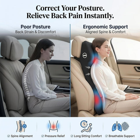 Ergonomic Lumbar Support Cushion for Car Seat & Office Chair – Memory Foam Headrest Back Support Pillow, Posture Corrector, Spine Alignment Backrest, Back Pain Relief