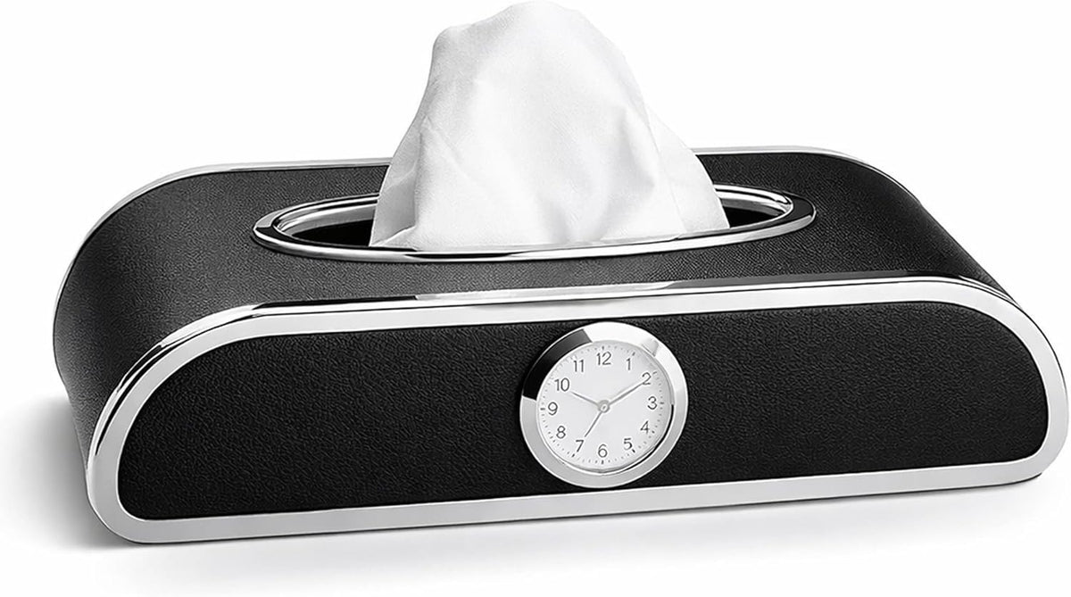 Car Tissue Box Holder with Clock – PU Leather Dashboard Tissue Dispenser