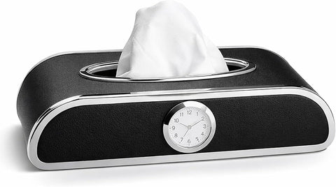 Car Tissue Box Holder with Clock – PU Leather Dashboard Tissue Dispenser