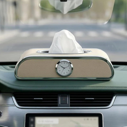 Car Tissue Box Holder with Clock – PU Leather Dashboard Tissue Dispenser