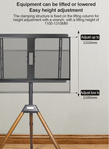 Wooden Tripod TV Stand for 32–75 Inch TVs – Height Adjustable with 180° Swivel