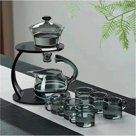 Olmecs Glass Tea Set Magnetic Water Diversion Rotating Cover Bowl Semi-Automatic Glass Teapot Suit (6 tea cups)