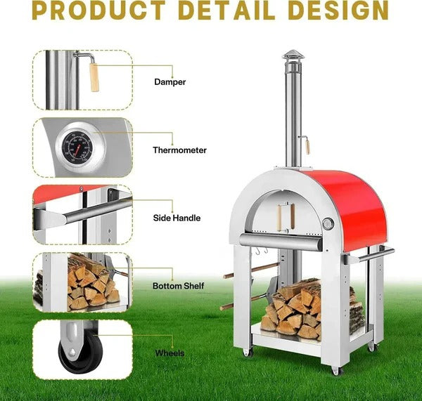 Kitchen Big Pizza Oven BBQ Grill with 4 Wheels Gas Wood Fire & Tools Stainless Steel