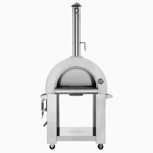 Kitchen Big Pizza Oven BBQ Grill with 4 Wheels Gas Wood Fire & Tools Stainless Steel