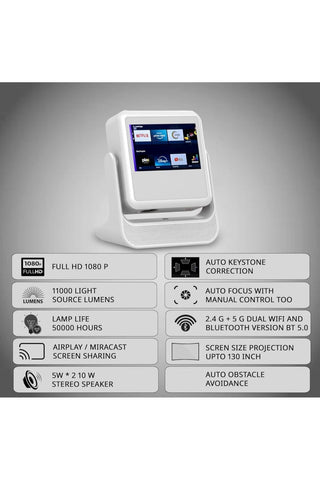 Smart Touch Screen Projector, 1080P Full HD, 11000 Lumens, 130-inch Display, Dual WiFi 5G/2.4G.