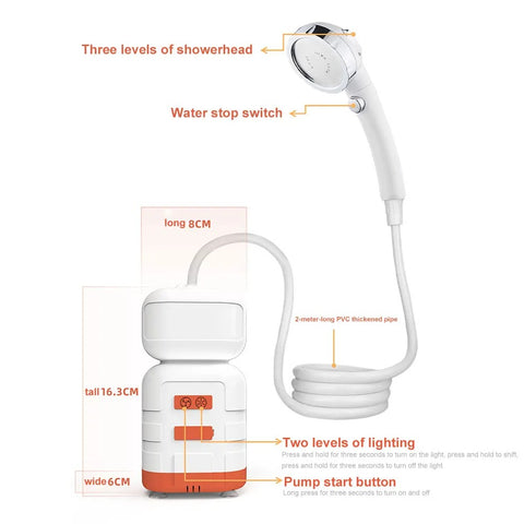 Portable Electric Shower Pump with IPX7 Camping LED Light Waterproof for Outdoor Shower