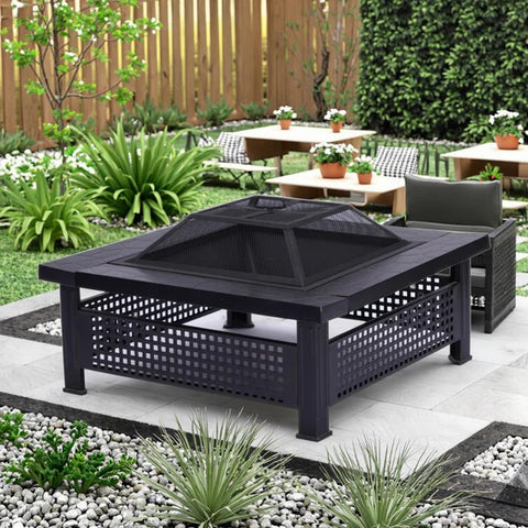 Olmecs Garden Fire Pit Charcoal BBQ Table Outside Wood Burning Heater Square Stove Black