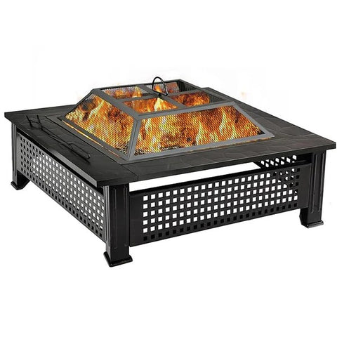 Olmecs Garden Fire Pit Charcoal BBQ Table Outside Wood Burning Heater Square Stove Black