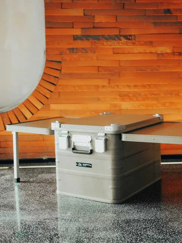 Olmecs Portable Storage Box 84L with 2 Sides Folding Table Aluminum Waterproof Material