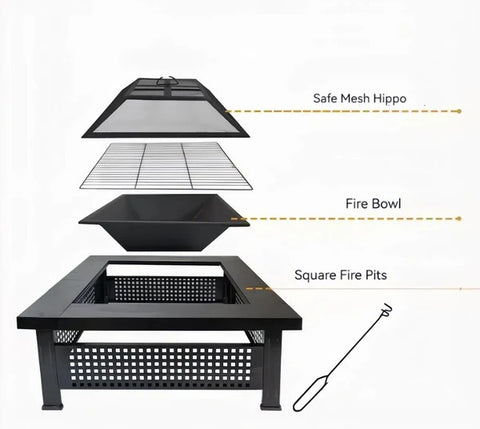 Olmecs Garden Fire Pit Charcoal BBQ Table Outside Wood Burning Heater Square Stove Black