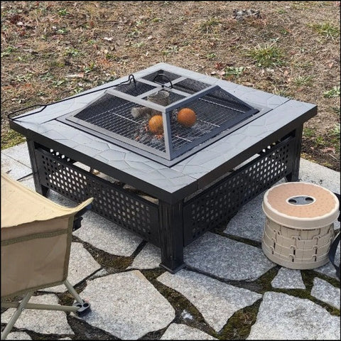 Olmecs Garden Fire Pit Charcoal BBQ Table Outside Wood Burning Heater Square Stove Black