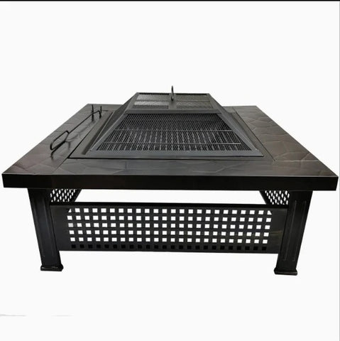 Olmecs Garden Fire Pit Charcoal BBQ Table Outside Wood Burning Heater Square Stove Black
