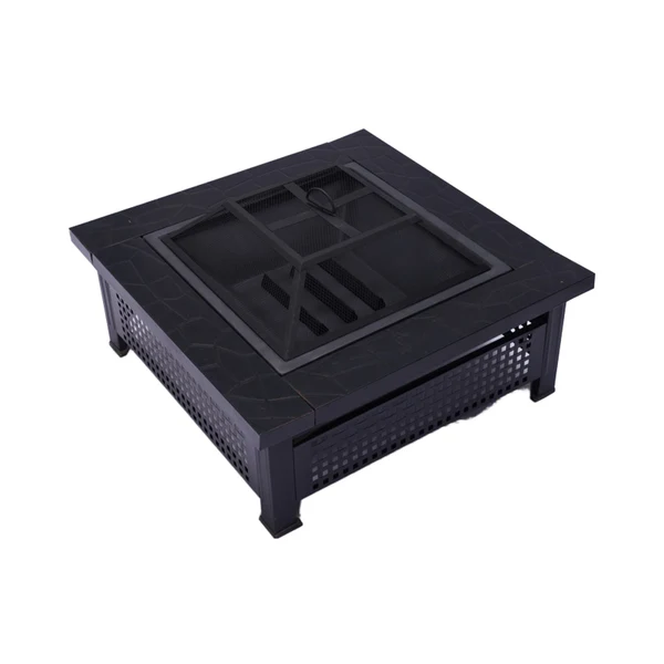 Olmecs Garden Fire Pit Charcoal BBQ Table Outside Wood Burning Heater Square Stove Black