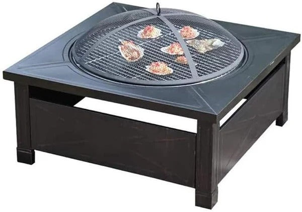 Olmecs Garden Fire Pit Charcoal BBQ Table Outside Wood Burning Heater Square Stove Black