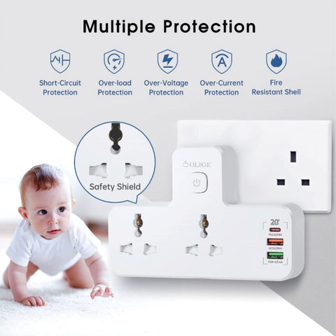 OLIGE Power Adapter Multi Plug Extension with 20W USB-C PD Fast Charge Port Type-C SC 2311