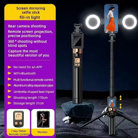 Cl-07 New Selfie Stick With Fill Light Extendable Selfie Stick Tripod for Phone with Display Screen and Remote Control