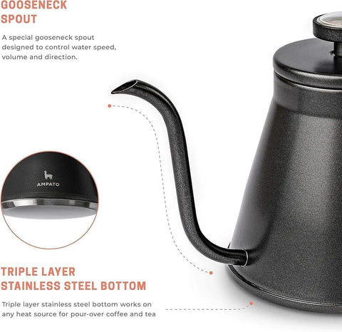 Olmecs 1000ml Coffee Kettle with Thermometer Exact Temperature Gooseneck Spout