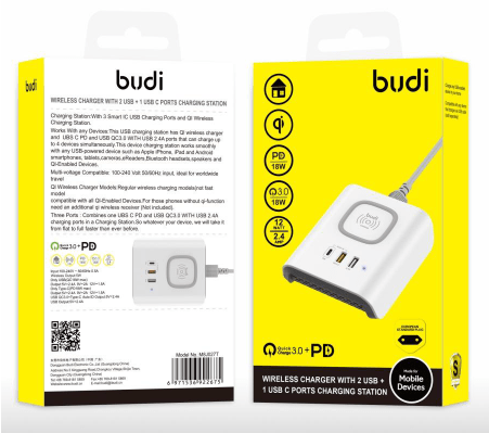Budi AC027TE  20W(Pd+Qc)+12W/5V2.4A+5W wireless charger station
