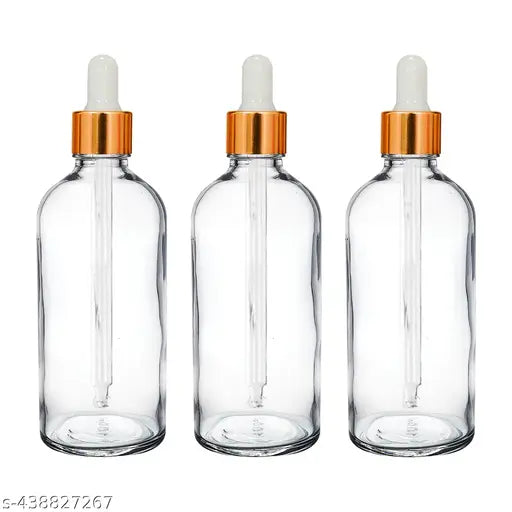 Willow 30/ 50/ 100 ml Clear Round Empty Glass Bottle + Glass Dropper + Gold Ring + White Silicone Teat (12pc Pack)