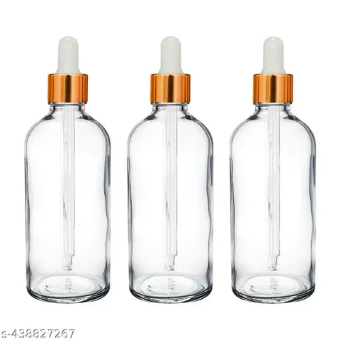 Willow 30/ 50/ 100 ml Clear Round Empty Glass Bottle + Glass Dropper + Gold Ring + White Silicone Teat (12pc Pack)