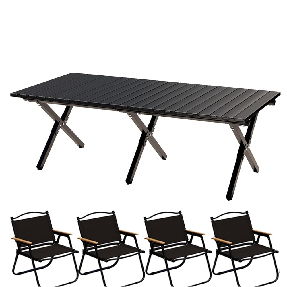 Folding Aluminum 150CM Camping Table & 4Pcs Chair – Roll-Up Table, Portable Lightweight Grill Table for Outdoor