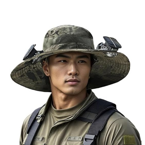 Wide Brim Outdoor Fishing Hat 2 Solar Powered Fans & USB Charging