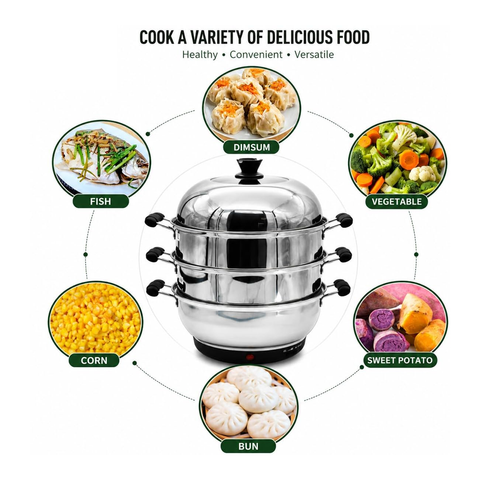 Olmecs Electric Multi-Function Stainless Steel 3 Tier Food Steamer Electric Momo Steaming Rice, Pasta, & Vegestable for Home