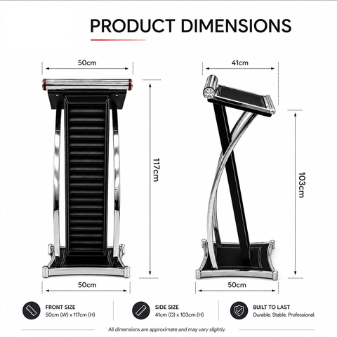 Olmecs Wooden Podium with Stainless Steel Lining Conference Rostrum Stand, Maple Brown with Silver
