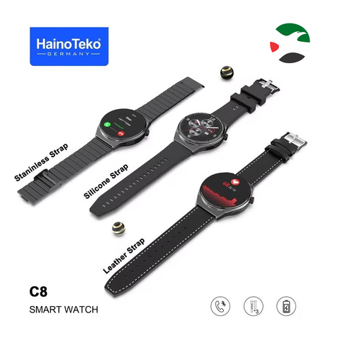 Haino Teko Germany C8 Round Shape Smart Watch with Three Set Strap for Men's Black
