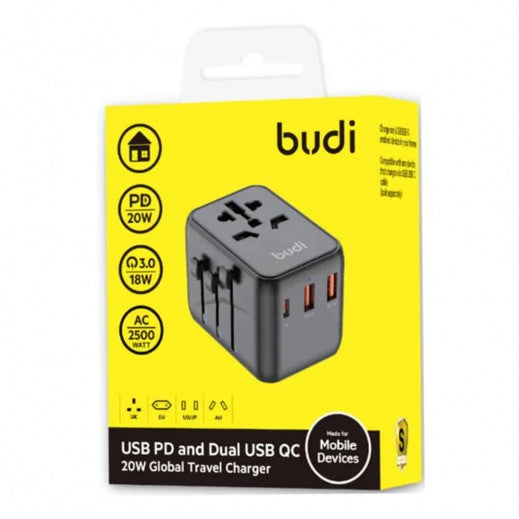 Budi USB PD and Dual USB QC 20W Global Travel Charger