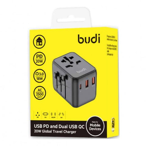 Budi USB PD and Dual USB QC 20W Global Travel Charger