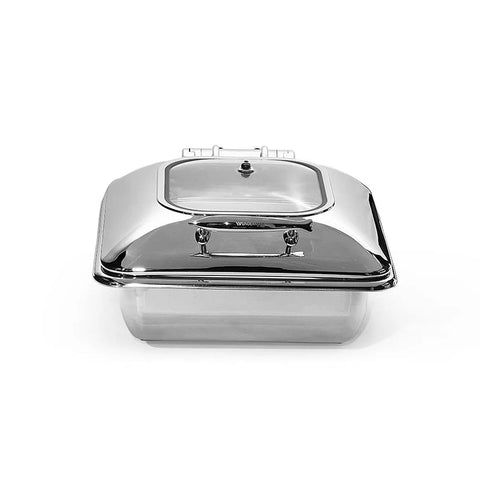 Stainless Steel Square Induction Chafing Dish With Glass Lid, L41 x W 45.5 x H 21 cm, Capacity 6 Litres