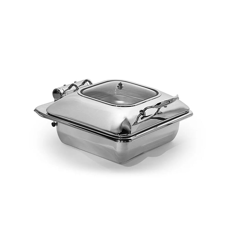 Stainless Steel Square Induction Chafing Dish With Glass Lid, L41 x W 45.5 x H 21 cm, Capacity 6 Litres