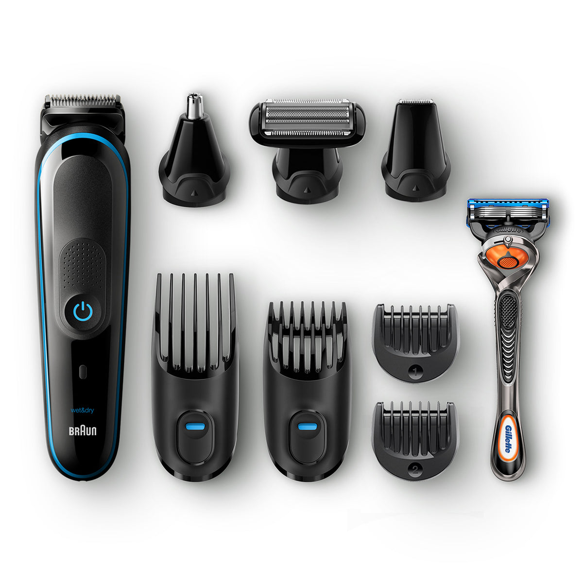 Braun All-in-one trimmer MGK5080, 9-in-1, 7 attachments and Gillette Fusion5 ProGlide razor.