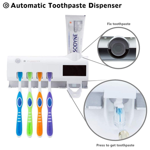 4 Toothbrush Sterilizer Holder & Automatic Toothpaste Dispenser Set