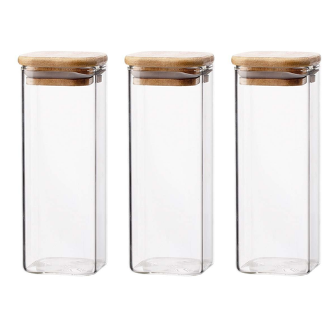 3Pc Pack Clear Borosilicate Glass Jar with Bamboo Lid  (6x6x13.5Cms) - Willow