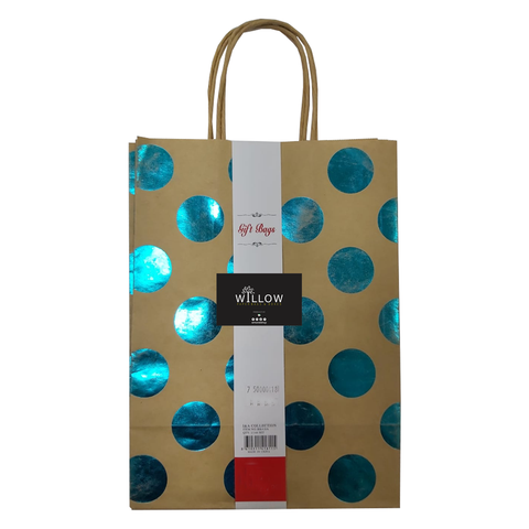 Metallic Blue Polka DOT Premium Quality  Kraft Bag 21x15x8cm (10 Pc Pack)